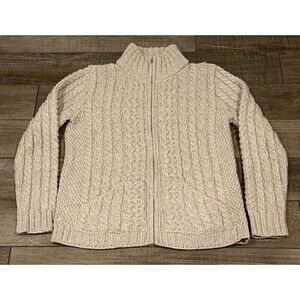 Inis Crafts Women Merino Wool Cable Knit Full Zip Cardigan Sweater Small Oatmeal